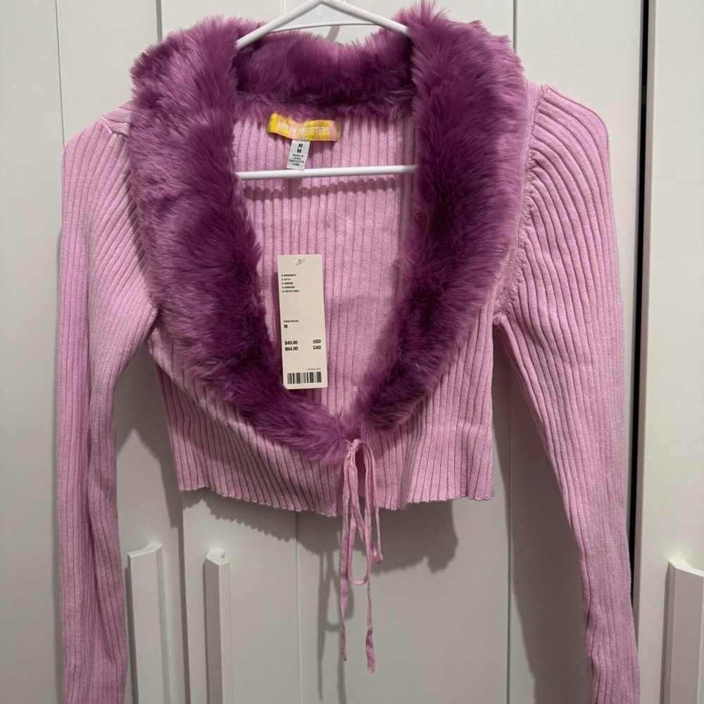 Pink Ribbed Cardigan with Faux Fur Trim